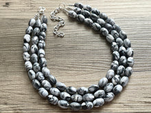 Load image into Gallery viewer, Black &amp; White Swirl Big Bead Necklace, Statement Jewelry, white black silver Chunky bib, bridesmaids necklace, wedding 3 strand bridal