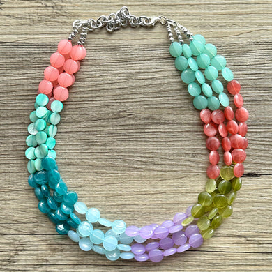 Jewel Tone Kaleidoscope Beaded Necklace, Colorful Jewelry, Chunky statement necklace, green blue beaded rainbow jewelry floral pride flower