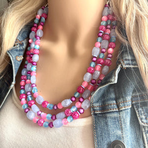 Cotton Candy Pink Chunky Statement Necklace, turquoise beaded necklace, colorful jewelry multi strand necklace, bib periwinkle blue