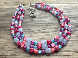 Cotton Candy Pink Chunky Statement Necklace, turquoise beaded necklace, colorful jewelry multi strand necklace, bib periwinkle blue