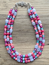 Load image into Gallery viewer, Cotton Candy Pink Chunky Statement Necklace, turquoise beaded necklace, colorful jewelry multi strand necklace, bib periwinkle blue