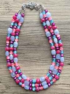 Cotton Candy Pink Chunky Statement Necklace, turquoise beaded necklace, colorful jewelry multi strand necklace, bib periwinkle blue