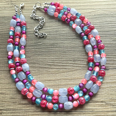 Cotton Candy Pink Chunky Statement Necklace, turquoise beaded necklace, colorful jewelry multi strand necklace, bib periwinkle blue