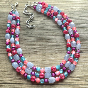 Cotton Candy Pink Chunky Statement Necklace, turquoise beaded necklace, colorful jewelry multi strand necklace, bib periwinkle blue