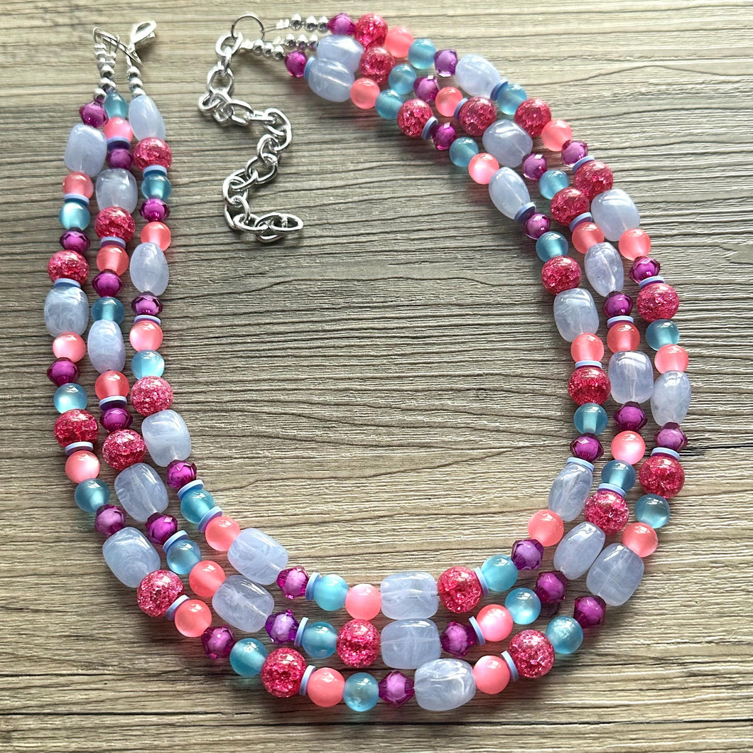 Cotton Candy Pink Chunky Statement Necklace, turquoise beaded necklace, colorful jewelry multi strand necklace, bib periwinkle blue