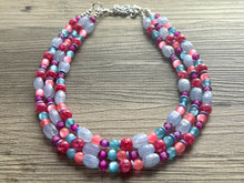 Load image into Gallery viewer, Cotton Candy Pink Chunky Statement Necklace, turquoise beaded necklace, colorful jewelry multi strand necklace, bib periwinkle blue