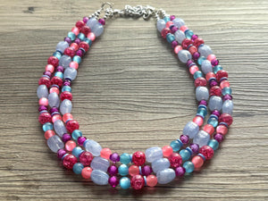 Cotton Candy Pink Chunky Statement Necklace, turquoise beaded necklace, colorful jewelry multi strand necklace, bib periwinkle blue