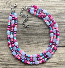 Load image into Gallery viewer, Cotton Candy Pink Chunky Statement Necklace, turquoise beaded necklace, colorful jewelry multi strand necklace, bib periwinkle blue