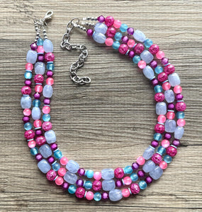 Cotton Candy Pink Chunky Statement Necklace, turquoise beaded necklace, colorful jewelry multi strand necklace, bib periwinkle blue