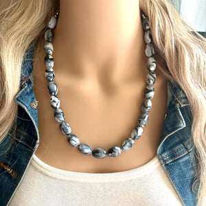 Black & White Swirl Big Bead Necklace, Statement Jewelry, white black silver Chunky bib, bridesmaids necklace, wedding necklace, bridal