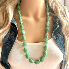 Load image into Gallery viewer, Long Sea Green chunky statement necklace, blue green jewelry, beaded Seafoam long necklace, beaded chunky chain layering necklace silver