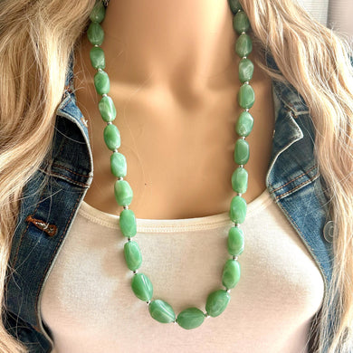 Long Sea Green chunky statement necklace, blue green jewelry, beaded Seafoam long necklace, beaded chunky chain layering necklace silver