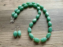 Load image into Gallery viewer, Long Sea Green chunky statement necklace, blue green jewelry, beaded Seafoam long necklace, beaded chunky chain layering necklace silver