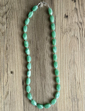 Load image into Gallery viewer, Long Sea Green chunky statement necklace, blue green jewelry, beaded Seafoam long necklace, beaded chunky chain layering necklace silver