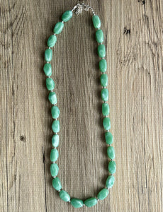 Long Sea Green chunky statement necklace, blue green jewelry, beaded Seafoam long necklace, beaded chunky chain layering necklace silver