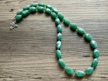 Load image into Gallery viewer, Long Sea Green chunky statement necklace, blue green jewelry, beaded Seafoam long necklace, beaded chunky chain layering necklace silver