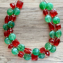 Load image into Gallery viewer, Red &amp; Green Statement Necklace, Chunky Beaded Necklace, Christmas Jewelry, green Necklace, red holiday December beaded necklace silver