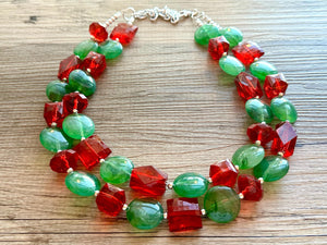 Red & Green Statement Necklace, Chunky Beaded Necklace, Christmas Jewelry, green Necklace, red holiday December beaded necklace silver