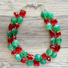 Load image into Gallery viewer, Red &amp; Green Statement Necklace, Chunky Beaded Necklace, Christmas Jewelry, green Necklace, red holiday December beaded necklace silver