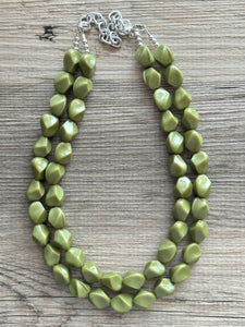 Olive Green Chunky Statement Necklace, Big beaded jewelry, Double Strand Statement Necklace, Bib necklace, green bridesmaid fall wedding