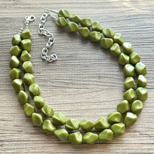 Load image into Gallery viewer, Olive Green Chunky Statement Necklace, Big beaded jewelry, Double Strand Statement Necklace, Bib necklace, green bridesmaid fall wedding