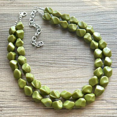 Olive Green Chunky Statement Necklace, Big beaded jewelry, Double Strand Statement Necklace, Bib necklace, green bridesmaid fall wedding