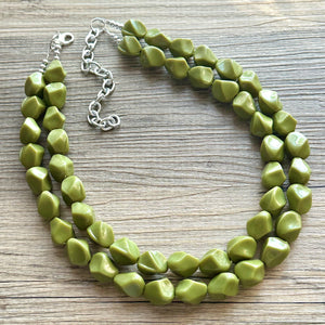 Olive Green Chunky Statement Necklace, Big beaded jewelry, Double Strand Statement Necklace, Bib necklace, green bridesmaid fall wedding