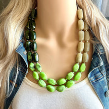 Load image into Gallery viewer, Olive Green Statement Necklace, Chunky 2 Strand Jewelry, neutral lime beaded necklace thick collar bead metal dark light green layering