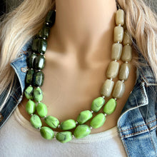 Load image into Gallery viewer, Olive Green Statement Necklace, Chunky 2 Strand Jewelry, neutral lime beaded necklace thick collar bead metal dark light green layering