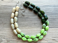 Load image into Gallery viewer, Olive Green Statement Necklace, Chunky 2 Strand Jewelry, neutral lime beaded necklace thick collar bead metal dark light green layering