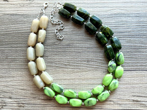 Olive Green Statement Necklace, Chunky 2 Strand Jewelry, neutral lime beaded necklace thick collar bead metal dark light green layering