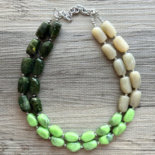 Load image into Gallery viewer, Olive Green Statement Necklace, Chunky 2 Strand Jewelry, neutral lime beaded necklace thick collar bead metal dark light green layering