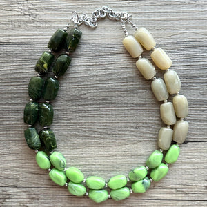 Olive Green Statement Necklace, Chunky 2 Strand Jewelry, neutral lime beaded necklace thick collar bead metal dark light green layering