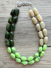 Load image into Gallery viewer, Olive Green Statement Necklace, Chunky 2 Strand Jewelry, neutral lime beaded necklace thick collar bead metal dark light green layering