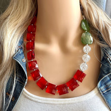 Load image into Gallery viewer, Christmas Colorblock Necklace, Red Holiday Jewelry, Green White Jewelry, Beaded Christmas Present silver cluster single strand OOAK necklace