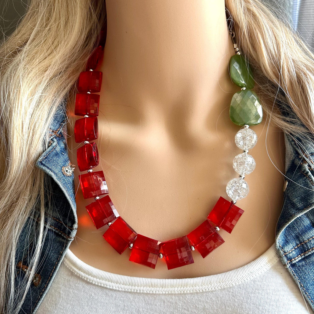 Christmas Colorblock Necklace, Red Holiday Jewelry, Green White Jewelry, Beaded Christmas Present silver cluster single strand OOAK necklace