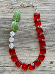 Christmas Colorblock Necklace, Red Holiday Jewelry, Green White Jewelry, Beaded Christmas Present silver cluster single strand OOAK necklace