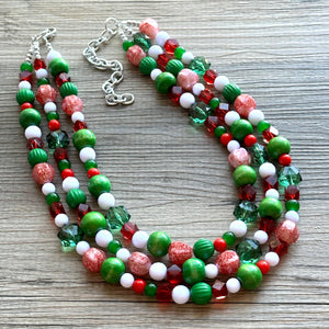 Christmas Necklace, Red & Green Bead Holiday Jewelry, Red Green Jewelry, Beaded Christmas Gift Christmas Present December Winter white