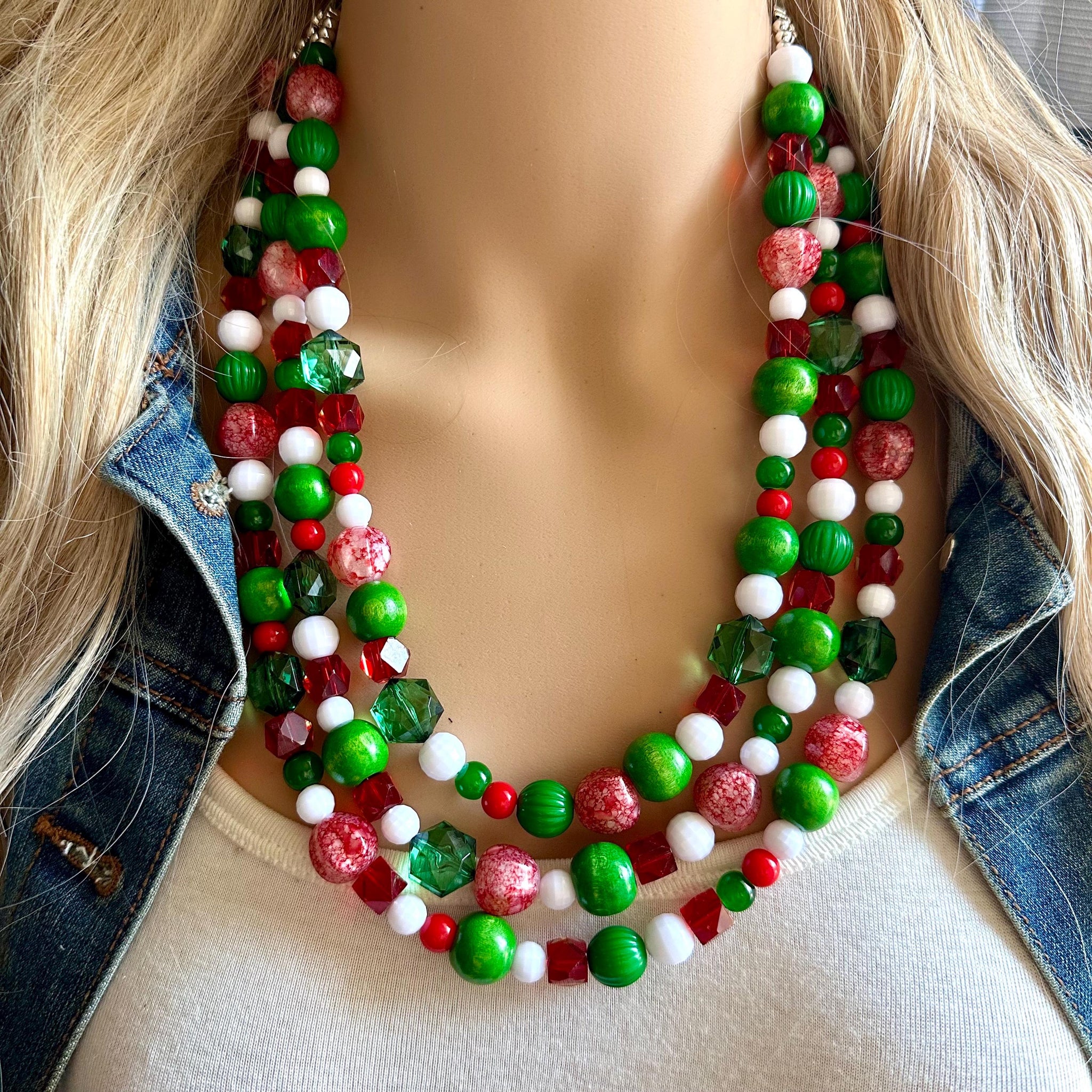 Christmas Necklace, Red & Green Bead Holiday Jewelry, Red Green Jewelr Polka Dot Drawer Christmas Necklace, Red & Green Bead Holiday Jewelry, Red Green Jewelr Polka Dot Drawer