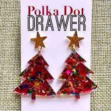 Load image into Gallery viewer, Christmas Drop Earrings, Green Christmas Tree, Small Holiday Earrings, Holiday Gifts for Her or Christmas Party, dangle confetti earrings