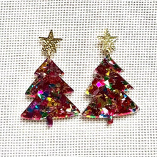 Load image into Gallery viewer, Christmas Drop Earrings, Green Christmas Tree, Small Holiday Earrings, Holiday Gifts for Her or Christmas Party, dangle confetti earrings