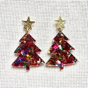 Christmas Drop Earrings, Green Christmas Tree, Small Holiday Earrings, Holiday Gifts for Her or Christmas Party, dangle confetti earrings