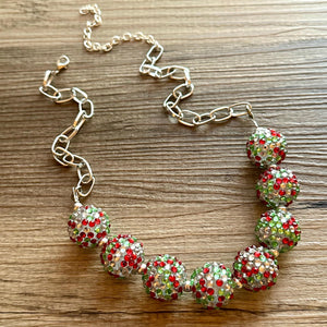 Christmas Necklace, Chunky Single Strand of rhinestone beads, red and green necklace, christmas jewelry, christmas beads, chunky beaded