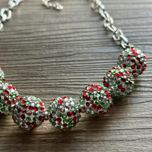 Load image into Gallery viewer, Christmas Necklace, Chunky Single Strand of rhinestone beads, red and green necklace, christmas jewelry, christmas beads, chunky beaded