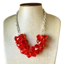 Load image into Gallery viewer, Red Cluster Necklace, extra chunky red beaded necklace, holiday jewelry Christmas jewelry, holiday crystal resin necklace bib statement