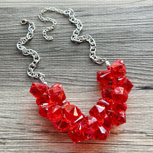 Load image into Gallery viewer, Red Cluster Necklace, extra chunky red beaded necklace, holiday jewelry Christmas jewelry, holiday crystal resin necklace bib statement