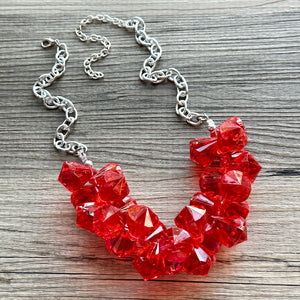 Red Cluster Necklace, extra chunky red beaded necklace, holiday jewelry Christmas jewelry, holiday crystal resin necklace bib statement