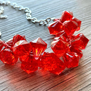 Red Cluster Necklace, extra chunky red beaded necklace, holiday jewelry Christmas jewelry, holiday crystal resin necklace bib statement