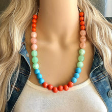 Load image into Gallery viewer, San Diego Chunky Statement Necklace, single strand bib beaded jewelry, aqua blue color block necklace, light green orange light blue jewelry