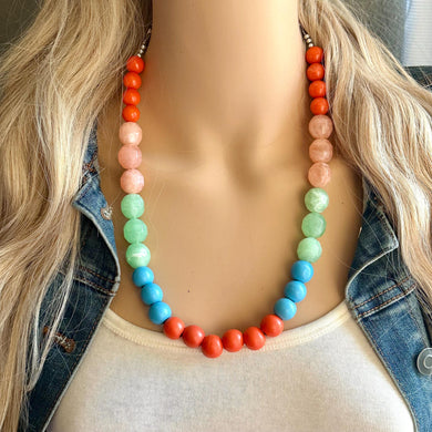 San Diego Chunky Statement Necklace, single strand bib beaded jewelry, aqua blue color block necklace, light green orange light blue jewelry